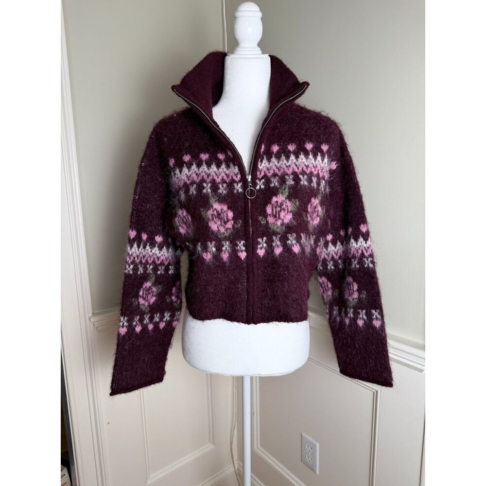 Wild Fable Burgundy Floral Fair Isle Zip Sweater Cardigan XS